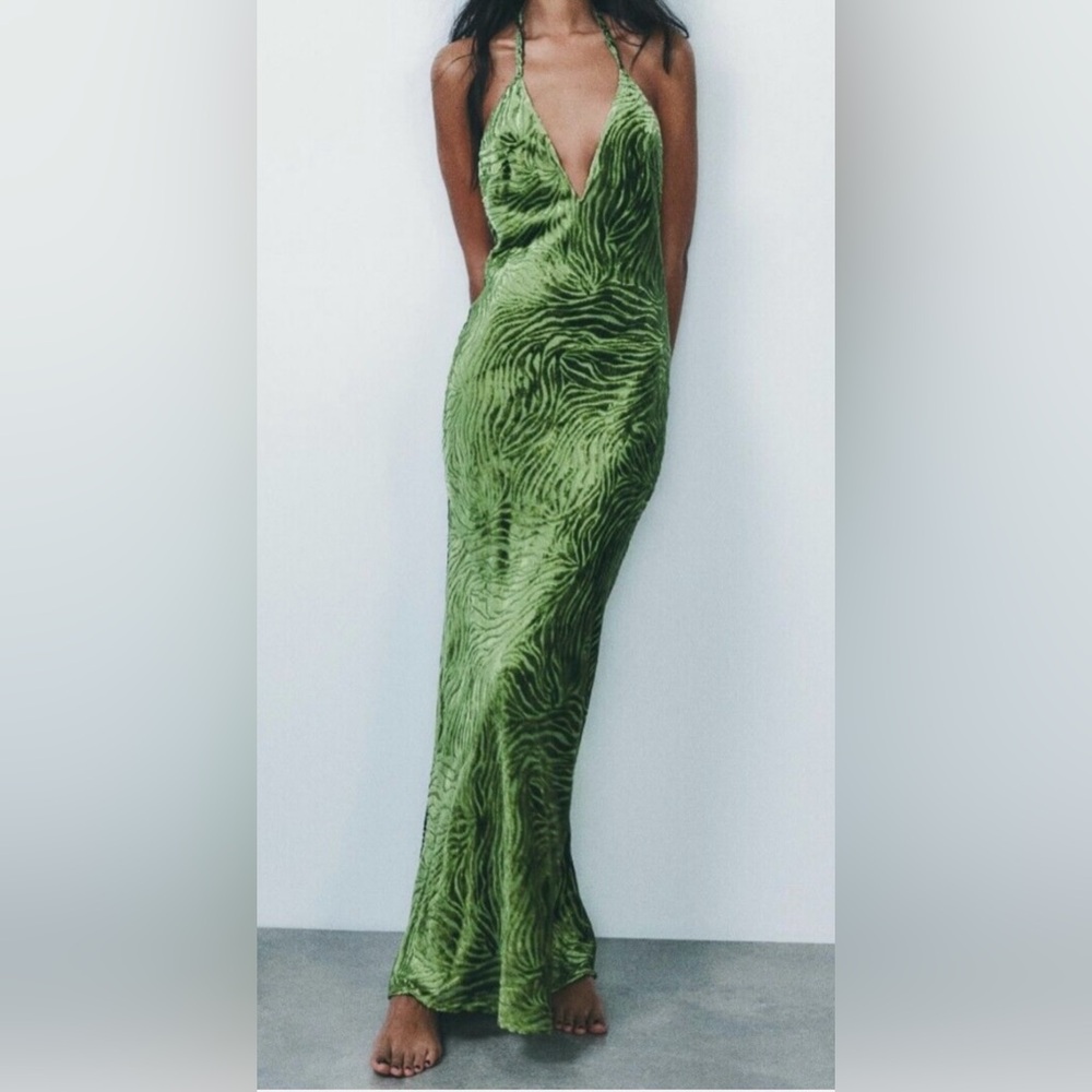 ZARA Green Zebra Print Maxi Dress